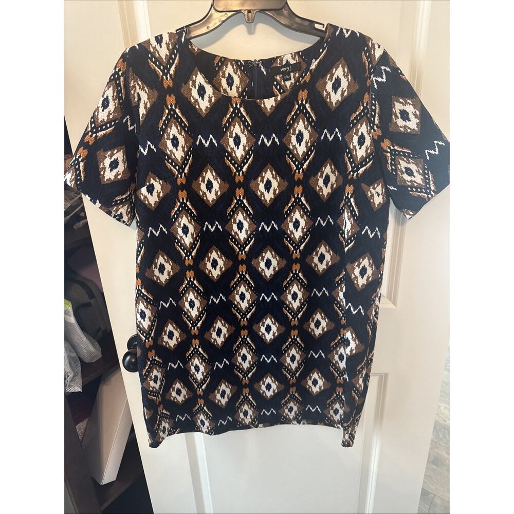 Women’s Very J Navy Blue Short Sleeve Mini Dress Aztec Diamond Size Large